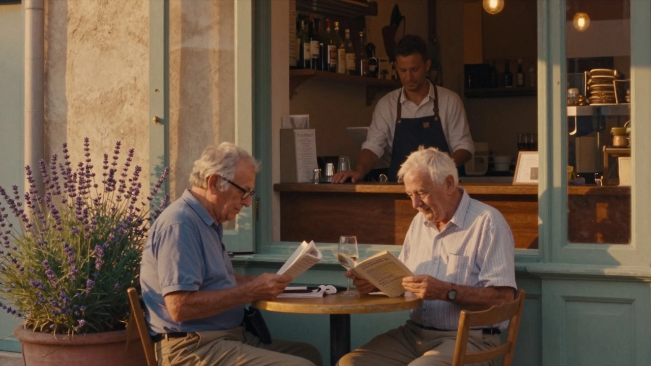 An elderly man reading in a cozy Aix-en-Provence café as dusk settles over lavender bushes.