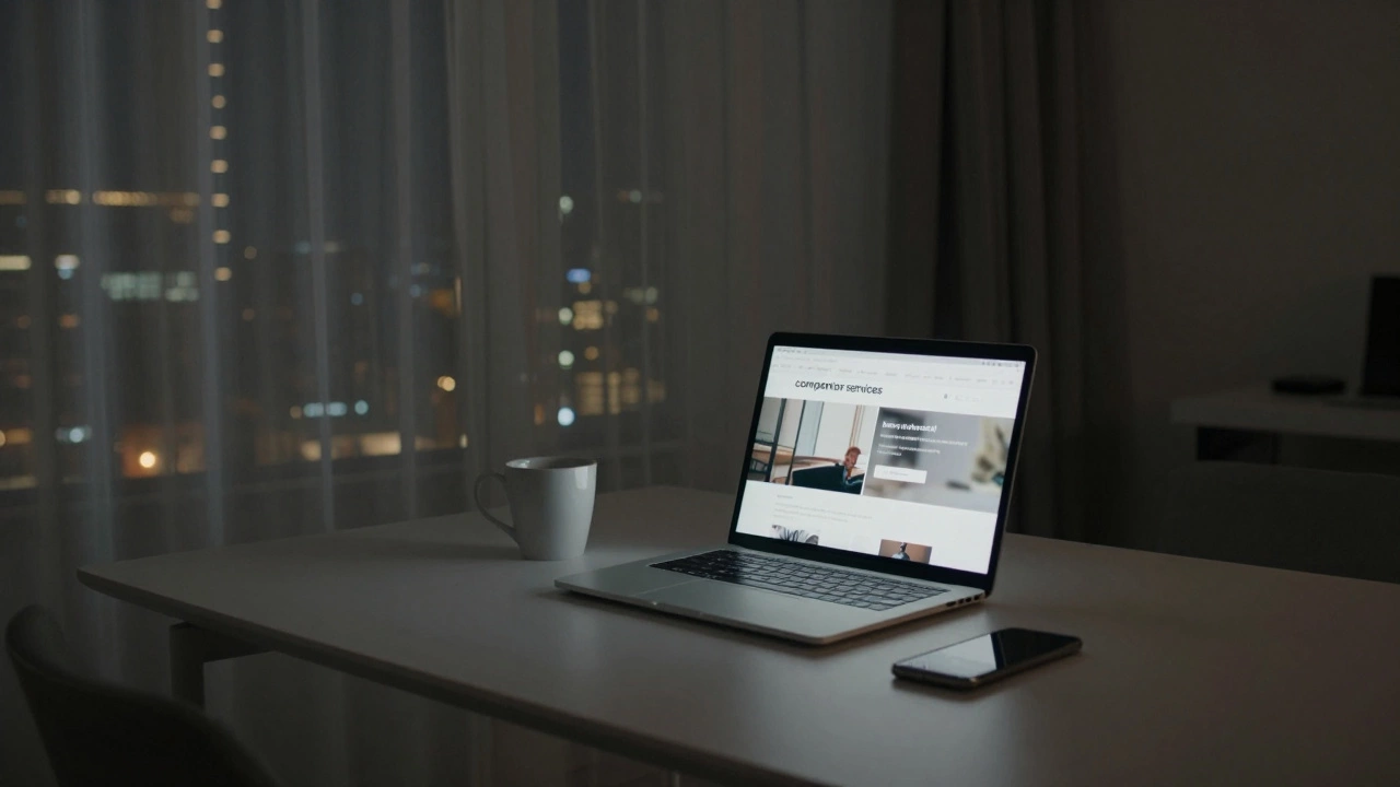 Dimly lit room with a laptop showing a vague companion service website, empty cup and phone on table.