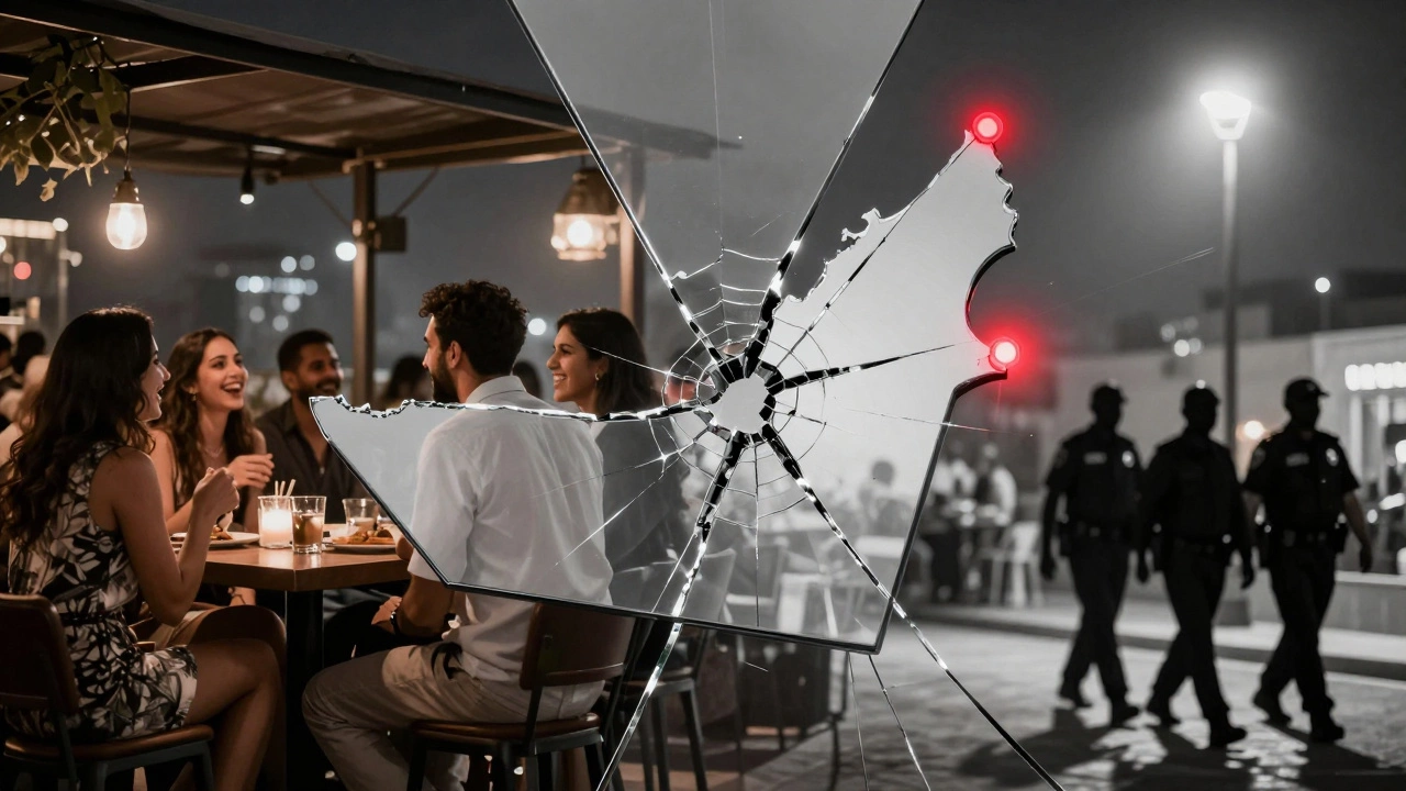 Fractured mirror reflecting a social gathering on one side and police taking someone away on the other.